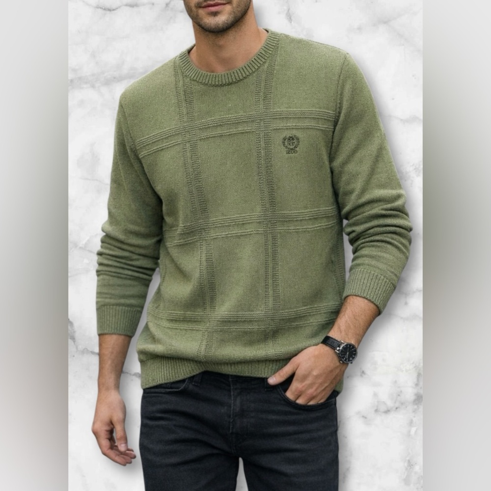 IZOD Olive Green Textured Crewneck Windowpane Sweater Classic Fit Size XL